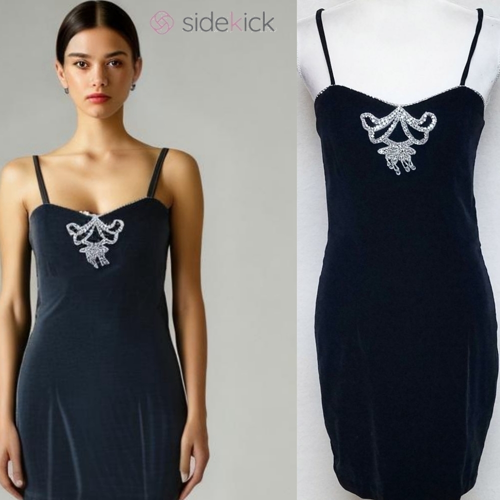 90s Vintage Dave & Johnny Black Velvet Diamond Embellished Bustier Mini Dress